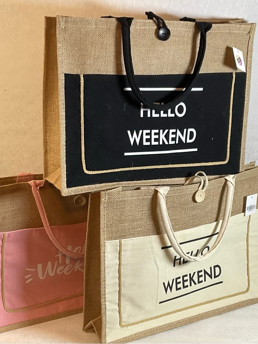 Hello Weekend Jute Tote Bag by